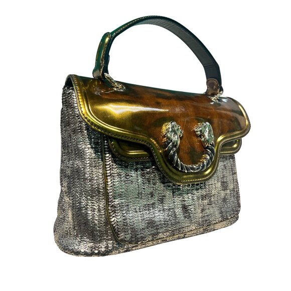 B-6. Bvlgari Leoni 2way Shoulder Bag Silver Patent Leather Gold - Picture 1 of 16